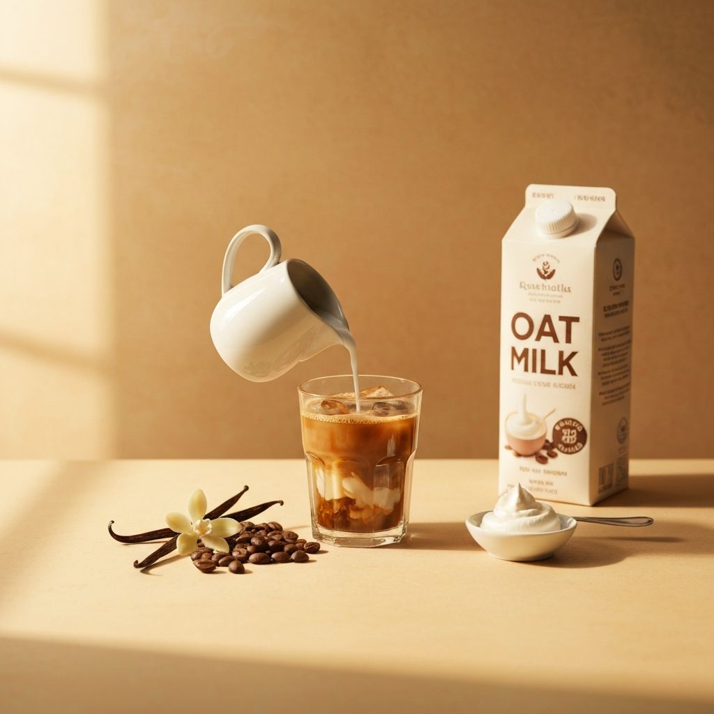 Steamed milk being poured into an iced coffee drink with caramel drizzle