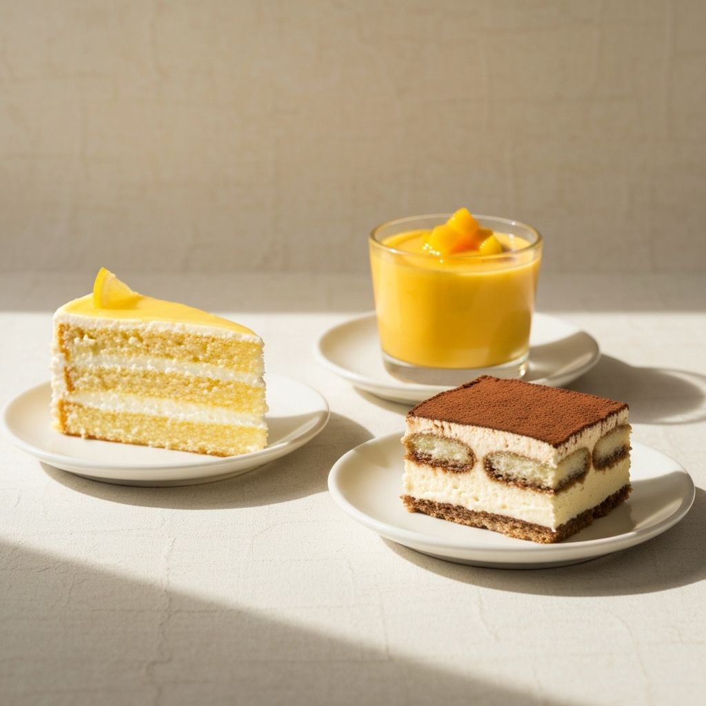 Trio of desserts: lemon cake, mango mousse, and tiramisu