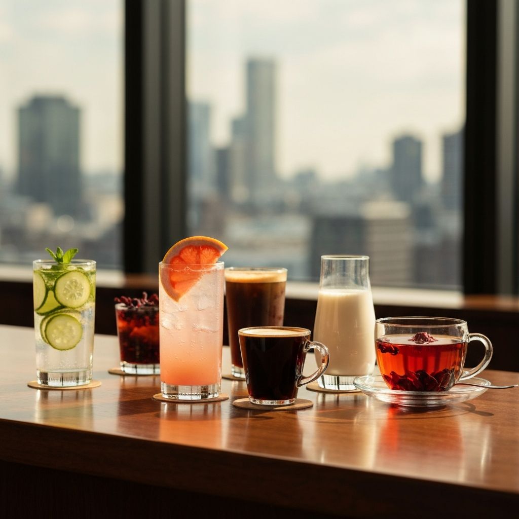A lineup of bottled drinks, soda cans, chips and cookies on a wooden counter