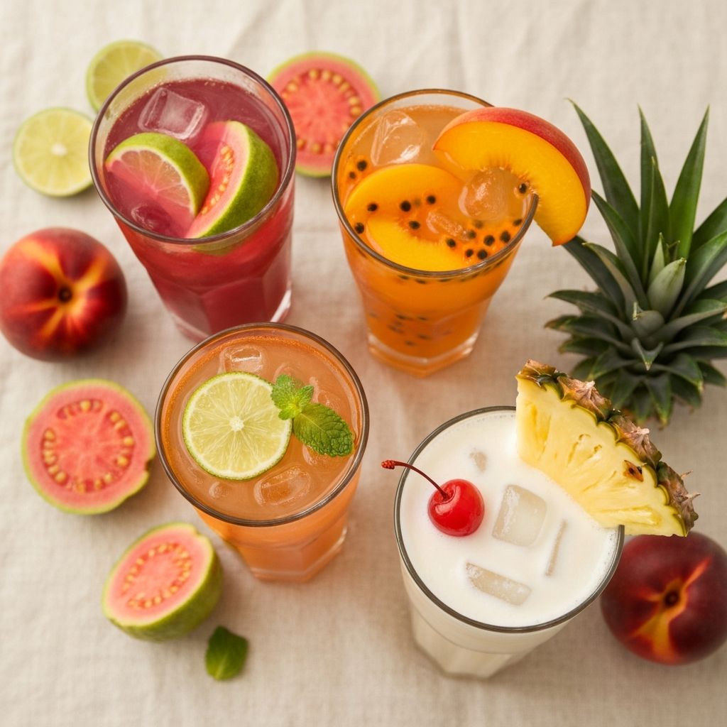 Three tall glasses of fruit refreshers — guava, peach passion, and piña colada — garnished with fresh fruit and mint
