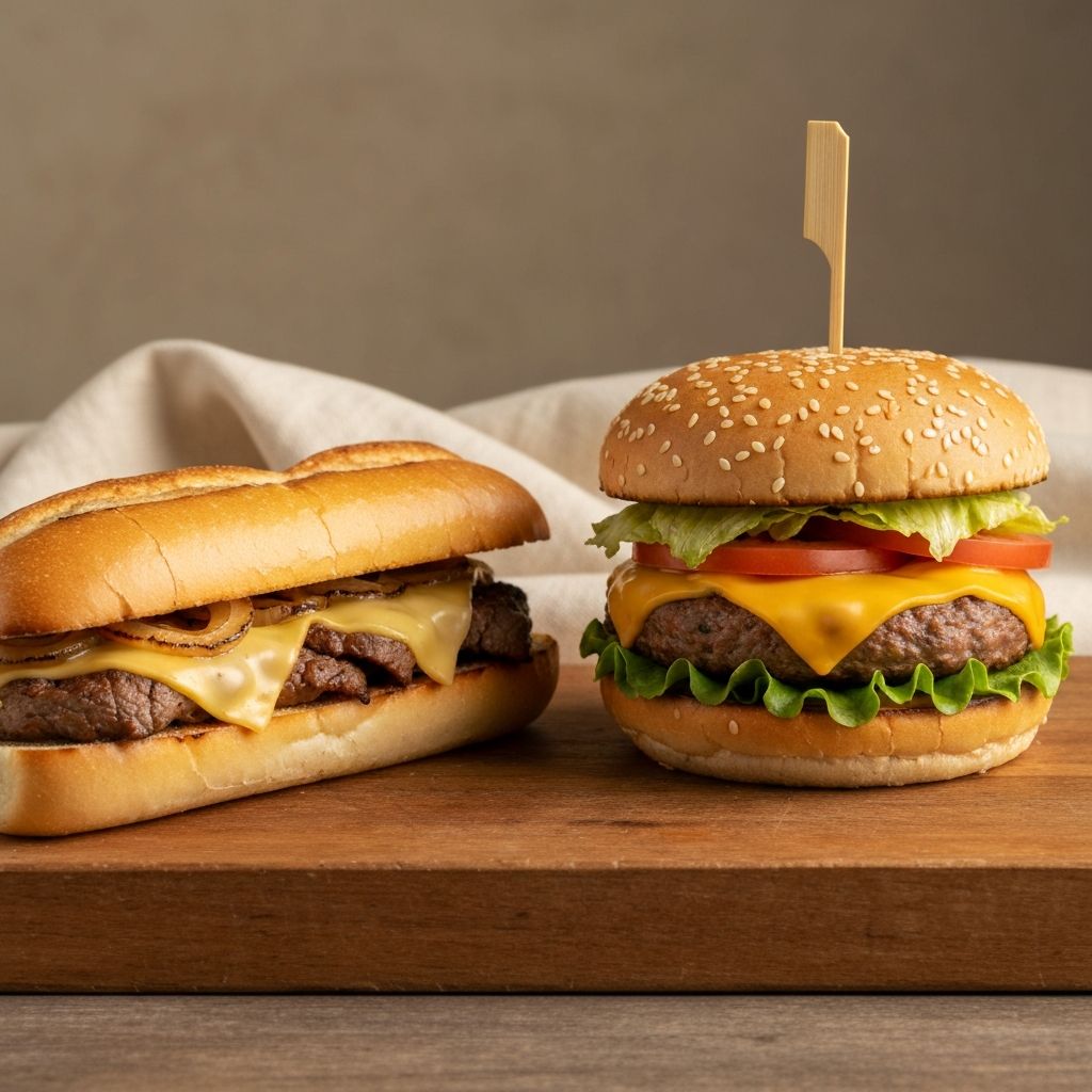 Gourmet cheeseburger and steak sub on a wooden board with a cream linen napkin