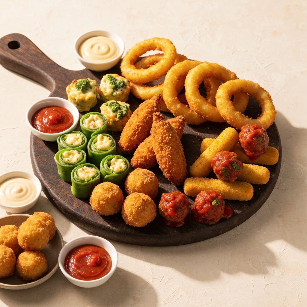 Assorted fried appetizer platter with onion rings, mozzarella sticks, jalapeños and meatballs