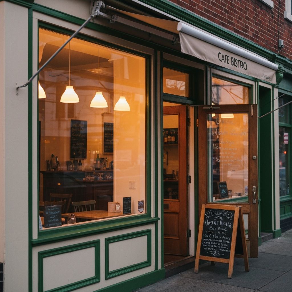 The warm storefront of The Bite at dusk with glowing windows
